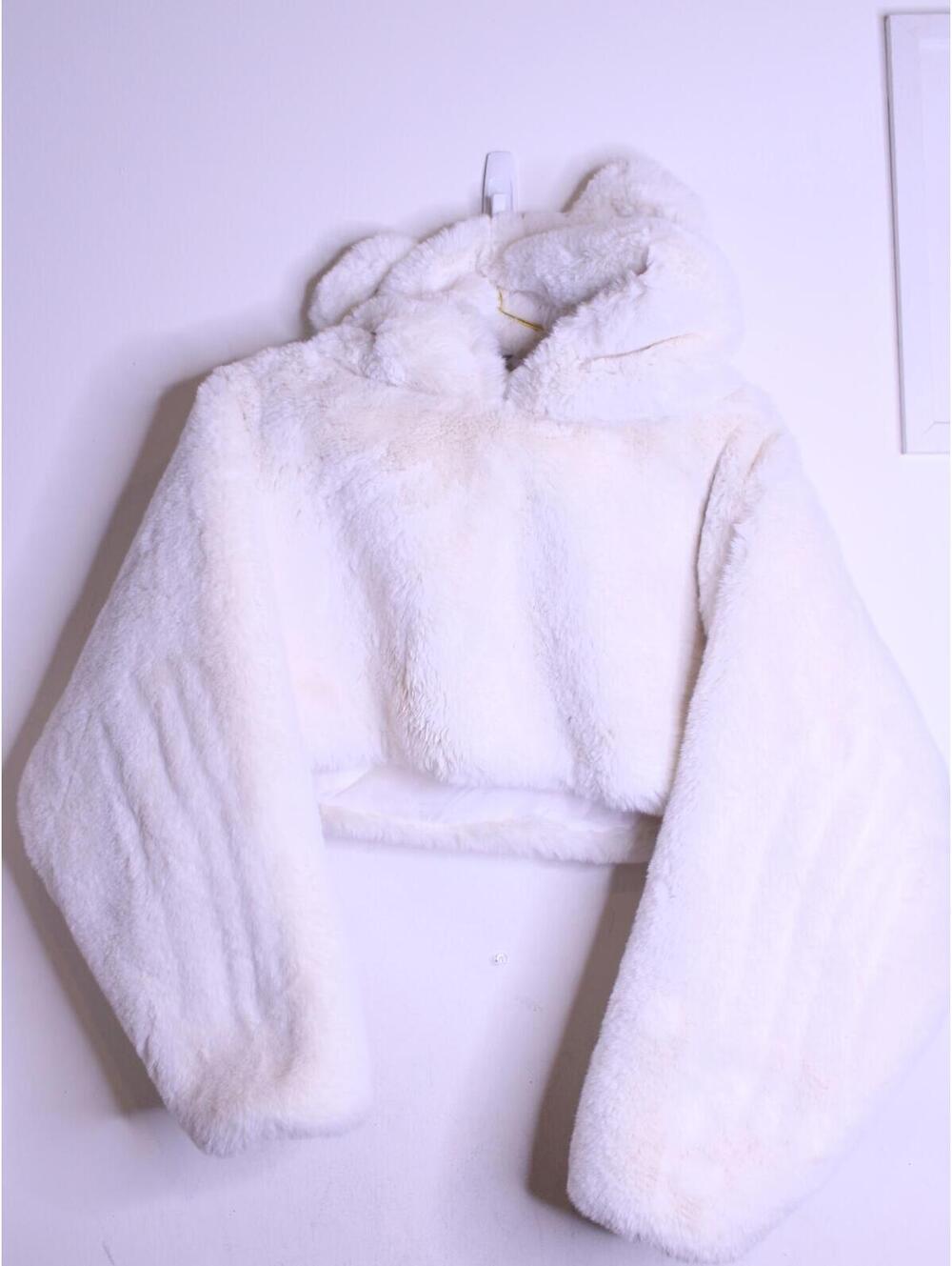 Cream Faux Fur Crop Pullover Teddy Bear Hoodie - Small